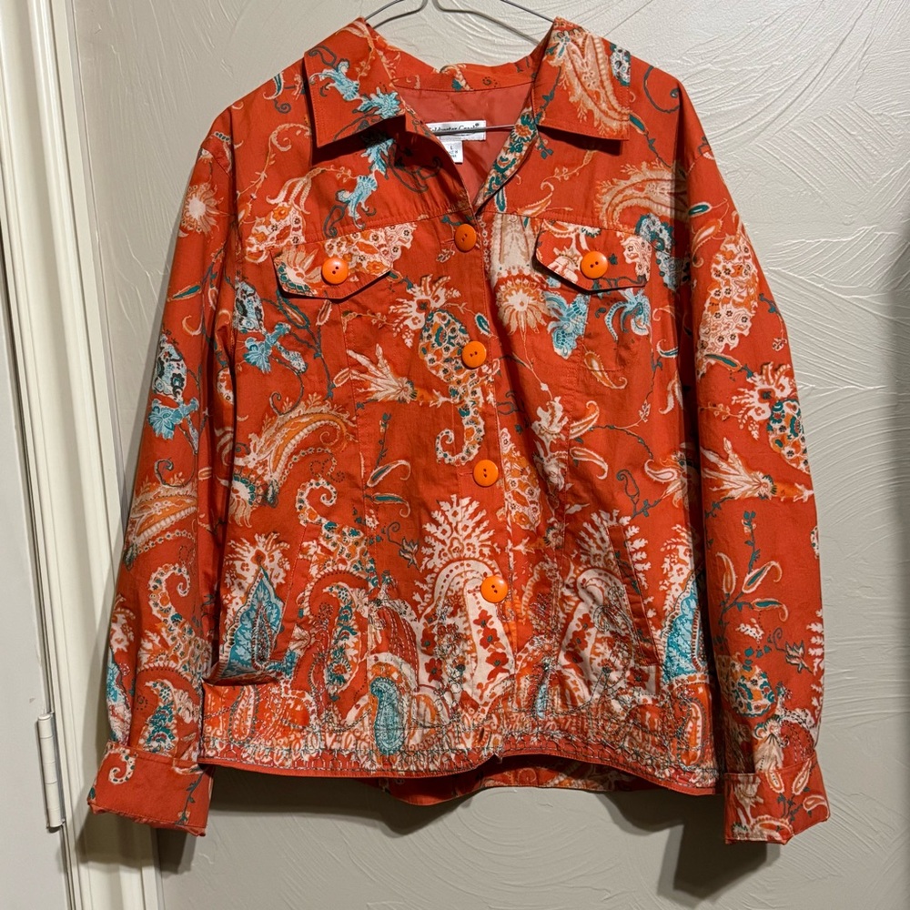 COLDWATER CREEK Orange Paisley-Print Jacket w/Turquoise/Cream/Coral Designs